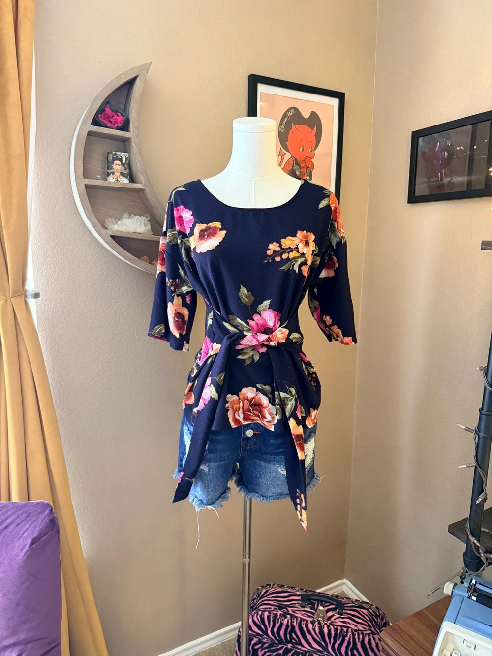 Floral Tie-Waist Navy Women’s Top